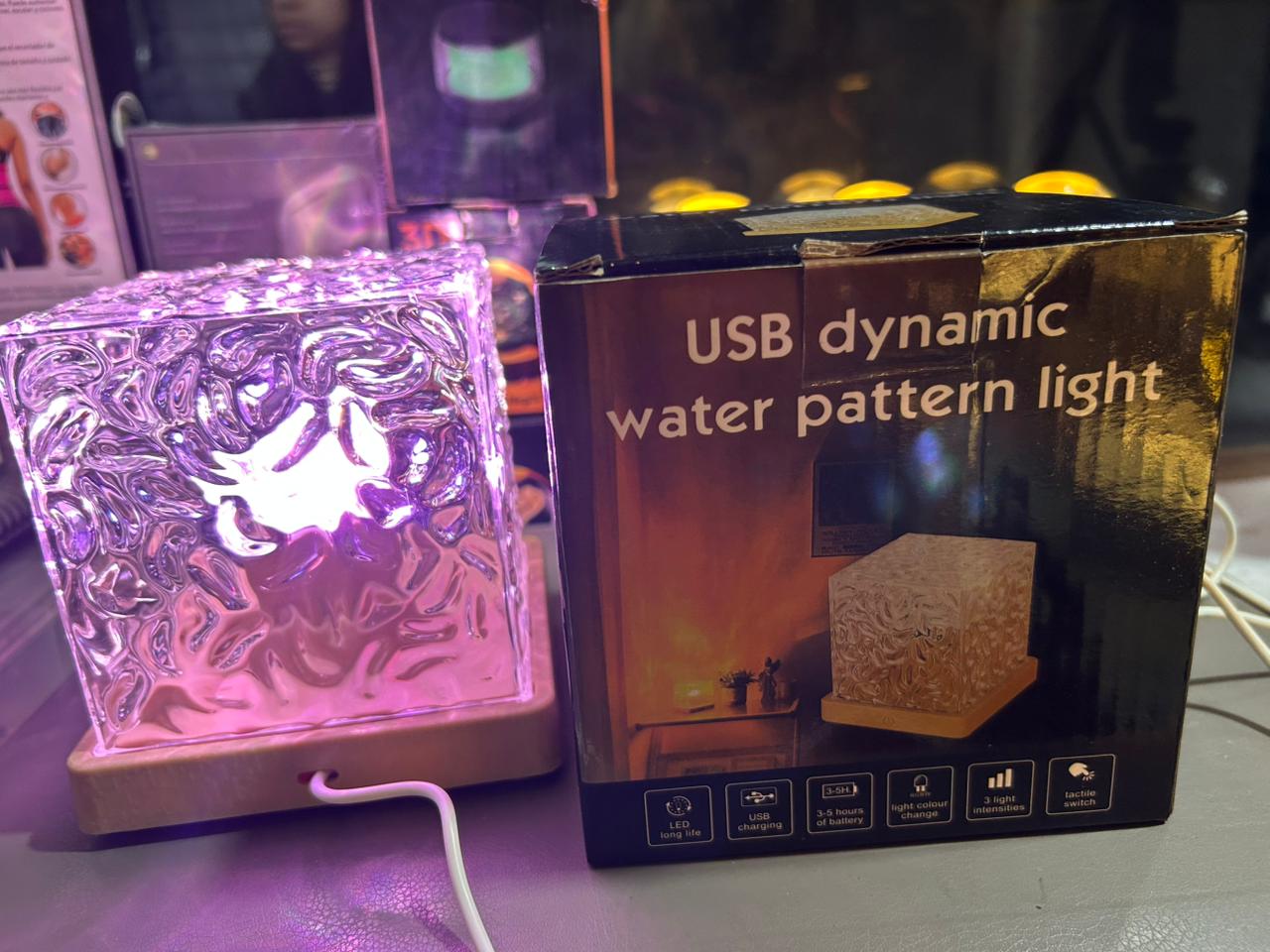 Crystal flame night light lamp with elegant cube design and smooth water ripple projection lighting effect