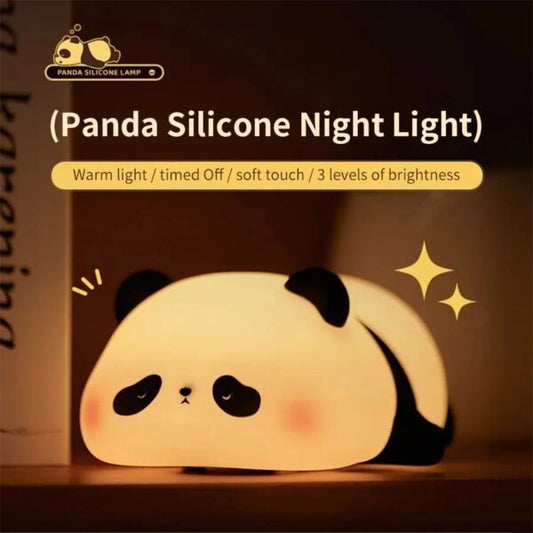 Cute panda silicone night light LED bedside lamp for kids bedroom showing soft squeezable BPA-free design