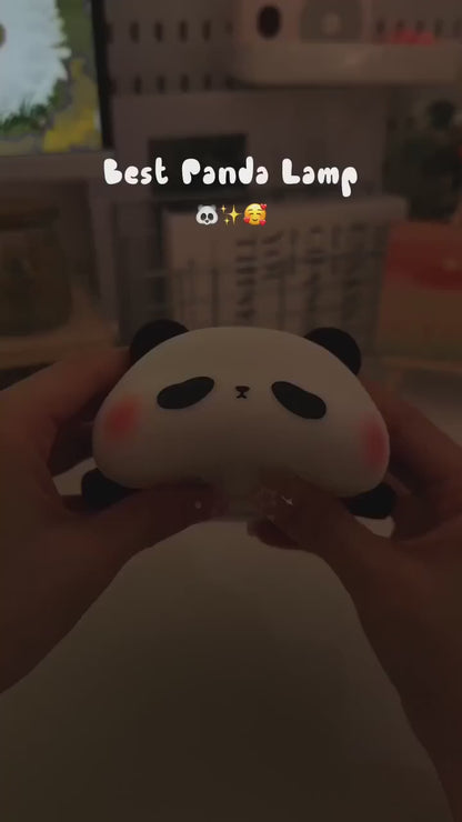 Cute panda silicone night light LED lamp demonstration showing soft warm glow for kids bedroom and nursery sleep comfort
